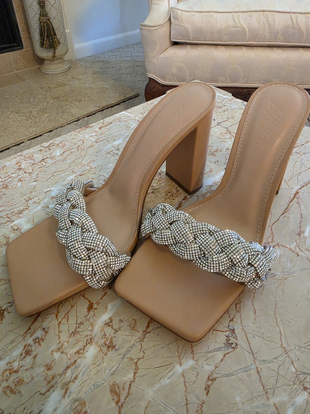 Liliana Nude Block Heel Sandals with Braided Rhinestone Straps Size 8